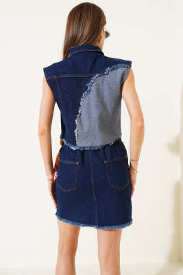 Yelekli Bel Lastikli Etekli Takım Koyu Mavi - Thumbnail