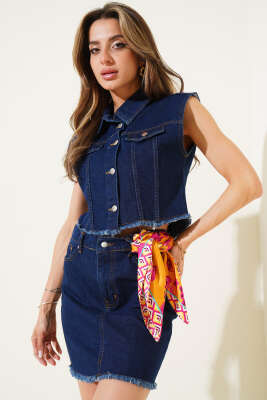 Yelekli Bel Lastikli Etekli Takım Koyu Mavi - Thumbnail