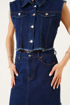 Yelekli Bel Lastikli Etekli Takım Koyu Mavi - Thumbnail