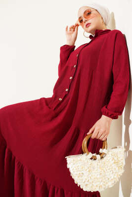 Pazarium - Bürümcük Önü Düğmeli Elbise Bordo