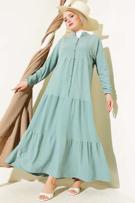 Pazarium - Bürümcük Önü Düğmeli Elbise Çağla Yeşili