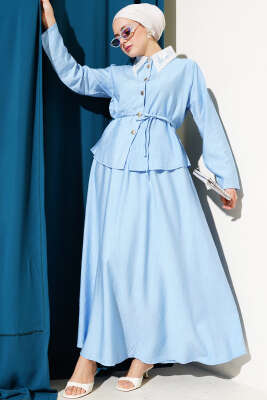 Pazarium - Dantel Yaka Etekli İkili Takım Mavi