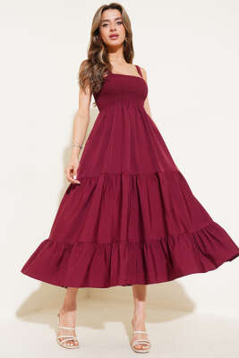 Pazarium - Askılı Önü Gipeli Elbise Bordo