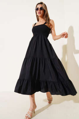 Pazarium - Askılı Önü Gipeli Elbise Siyah