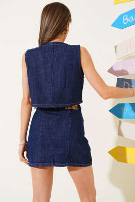 Ön Düğmeli Kot İkili Takım Lacivert - Thumbnail