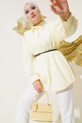 Pazarium - Omuz Pileli Kemerli Gömlek Sarı