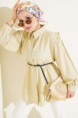 Pazarium - Omuz Pileli Kemerli Gömlek Lime