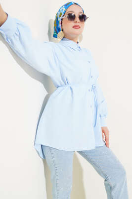 Pazarium - Roba Dikişli İp Kuşaklı Gömlek Buz Mavisi