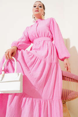 Pazarium - Yarım Düğmeli Kat Kat Gofre Elbise Pembe