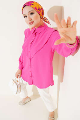 V Detaylı Gömlek Fuşya - Thumbnail