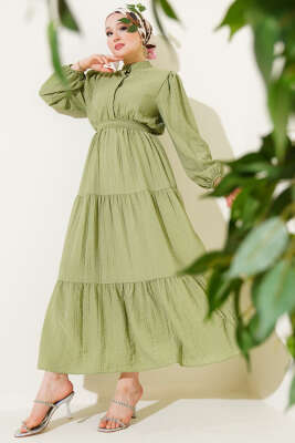 Pazarium - Yarım Düğmeli Kat Kat Gofre Elbise Haki