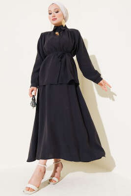 Pazarium - Gizli Düğmeli Kuşaklı Etekli İkili Takım Siyah