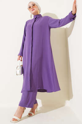 Pazarium - Gizli Düğmeli Salaş İkili Takım Lila