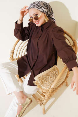 Pazarium - Omuz Pile Detaylı Gömlek Kahve