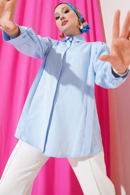 Pazarium - Omuz Pile Detaylı Gömlek Mavi