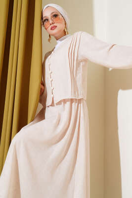 Pazarium - Brit Düğmeli Önü Pileli Etekli Takım Bej