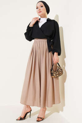 Pile Detaylı Fermuarlı Etek Latte - Thumbnail