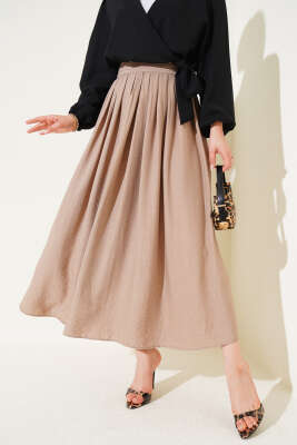 Pile Detaylı Fermuarlı Etek Latte - Thumbnail