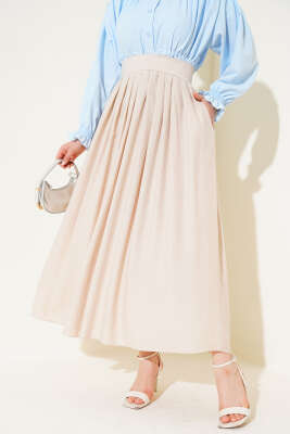 Pile Detaylı Fermuarlı Etek Bej - Thumbnail