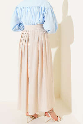 Pile Detaylı Fermuarlı Etek Bej - Thumbnail