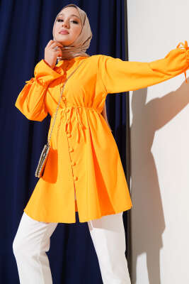 Pazarium - Bilek Tünelli Brit Düğmeli Gömlek Oranj