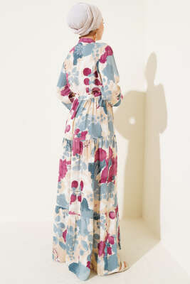 Bel Tünelli Düğmeli Desenli Elbise Mint - Thumbnail