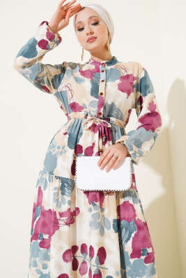 Bel Tünelli Düğmeli Desenli Elbise Mint - Thumbnail