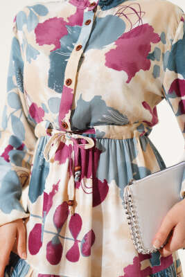 Bel Tünelli Düğmeli Desenli Elbise Mint - Thumbnail