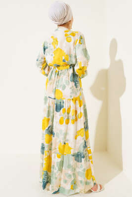 Bel Tünelli Düğmeli Desenli Elbise Hardal - Thumbnail