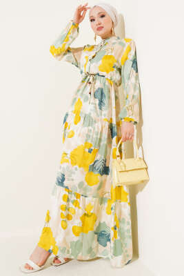 Bel Tünelli Düğmeli Desenli Elbise Hardal - Thumbnail