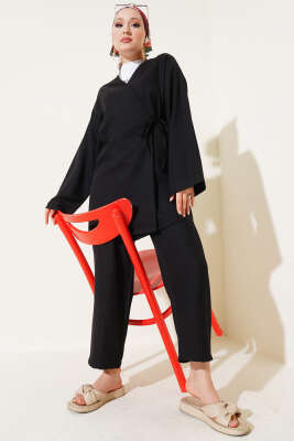 Pazarium - Yandan Bağlamalı Kimono İkili Takım Siyah