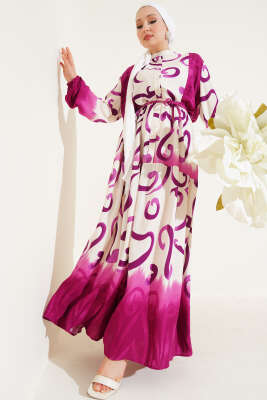 Pazarium - Düğmeli Desenli İp Kuşaklı Elbise Mor