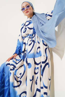 Pazarium - Düğmeli Desenli İp Kuşaklı Elbise İndigo