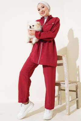 Pazarium - Cep Kapak Bel Tünelli İkili Takım Bordo