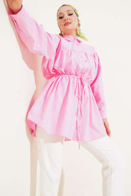 Pazarium - Göğüs Büzgülü Bel Tünelli Gömlek Pembe