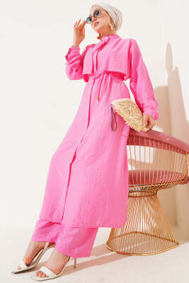Pazarium - Bolero Detaylı Uzun Tunik İkili Takım Pembe