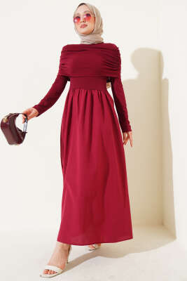Pazarium - Çıkarılabilir Büzgü Detaylı Garnili Elbise Bordo