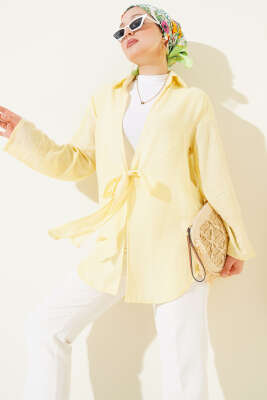 Pazarium - Önü Bağlama Detaylı Keten Kimono Sarı