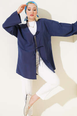 Pazarium - Çift Bağcıklı Poplin Kimono Lacivert
