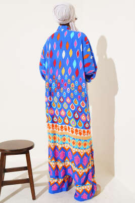 Damla Desenli Uzun Kimonolu İkili Takım Saks - Thumbnail