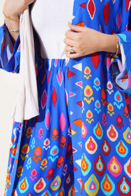 Damla Desenli Uzun Kimonolu İkili Takım Saks - Thumbnail