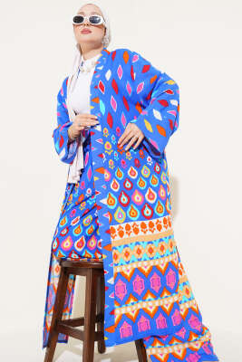 Damla Desenli Uzun Kimonolu İkili Takım Saks - Thumbnail