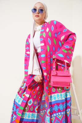 Damla Desenli Uzun Kimonolu İkili Takım Pembe - Thumbnail