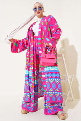 Damla Desenli Uzun Kimonolu İkili Takım Pembe - Thumbnail