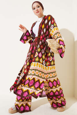 Pazarium - Damla Desenli Uzun Kimonolu İkili Takım Kahve