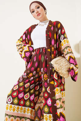 Damla Desenli Uzun Kimonolu İkili Takım Kahve - Thumbnail