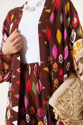 Damla Desenli Uzun Kimonolu İkili Takım Kahve - Thumbnail