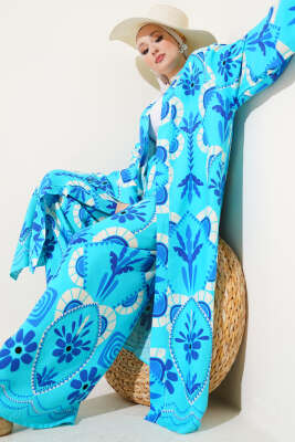 Pazarium - Çiçek Desen Uzun Kimonolu İkili Takım Turkuaz