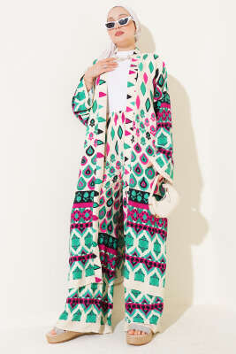 Damla Desenli Uzun Kimonolu İkili Takım Bej - Thumbnail