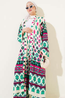 Damla Desenli Uzun Kimonolu İkili Takım Bej - Thumbnail